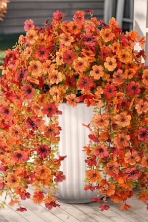 Artificial Fall Fake Flowers for Outdoor, 2 Pcs Faux Hanging Flowers Outdoor Fall Decor, UV Resistant No Fade Fake Mums Silk Flower for Front Door Porch Planters Patio Yard Garden(Orange Autumn Red)
