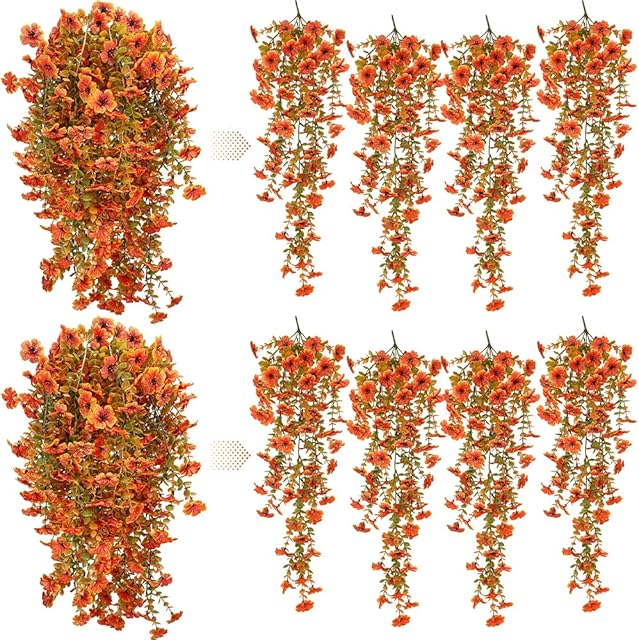 8 PCS Artificial Fake Hanging Flowers Plants for Outdoor Fall Decoration, Faux Silk UV Resistant Look Real Long Trailing Vines for Outside Garden Home Front Porch Door Patio Yard Balcony Decor