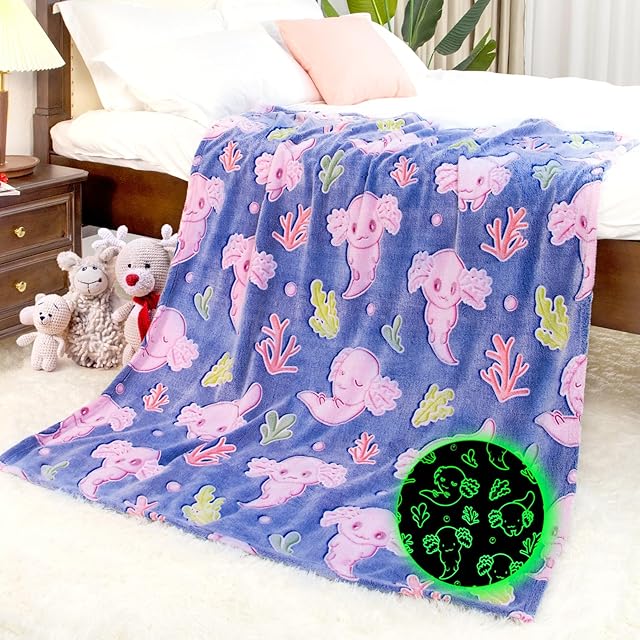 Axolotl Blanket for Girls - Axolotl Gifts Toys for 2 3 4 5 6 7 8 9 10 Year Old Girls Boys - Glow in The Dark Salamander Blanket Christmas Birthday Presents for Toddlers Teens Couch Bed 50"x 60"