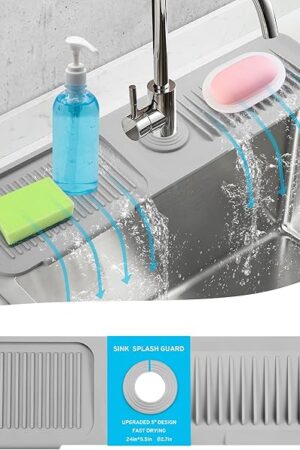 24"Longer Silicone Faucet Mat for Kitchen Sink,5° Slope Faucets Draining Mat Bathroom Sink Splash Guard Mat Kitchen Sink Splash Guard Accessories(Grey 24.0" x 5.5"）