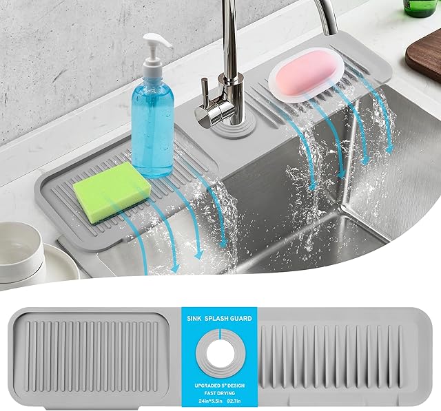 24"Longer Silicone Faucet Mat for Kitchen Sink,5° Slope Faucets Draining Mat Bathroom Sink Splash Guard Mat Kitchen Sink Splash Guard Accessories(Grey 24.0" x 5.5")