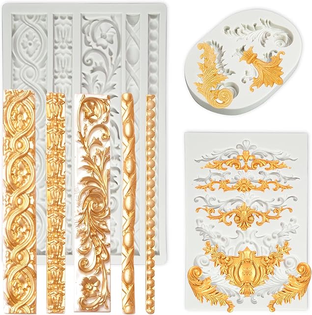 3 Packs Baroque Silicone Molds Scroll Silicone Baroque Mold Clay Molds Fondant Molds Border Fondant Mold Wedding Birthday Cake Decoration