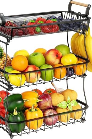 3 Tier Fruit Basket Bowl with 2 Banana Hangers for Kitchen Counter, Vegetable Countertop Produce Storage Holder, Large Capacity Metal Wire Fruits Stand Organizer for Onion Potato Bread Snack, Black