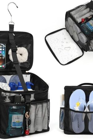 CUBETASTIC Shower Caddy Portable Mesh Shower Tote for Bathroom, Gym, Travel, Camping - Quick Dry Hanging Organizer Toiletry Bag with Handle for College Dorm Room, Men & Women (A# Black, 9.8")