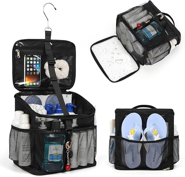 CUBETASTIC Shower Caddy Portable Mesh Shower Tote for Bathroom, Gym, Travel, Camping - Quick Dry Hanging Organizer Toiletry Bag with Handle for College Dorm Room, Men & Women (A# Black, 9.8")