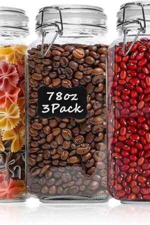 ComSaf Airtight Glass Canister Set of 3 with Lids 78oz Food Storage Jar Square - Storage Container with Clear Preserving Seal Wire Clip Fastening for Kitchen Canning Flour, Cereal, Pasta, Sugar, Beans