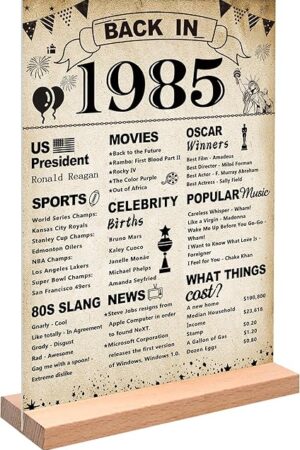 DARUNAXY 40th Birthday Party Decorations, Vintage Back in 1985 Poster Acrylic Sign with Stand 40 Year Old Party Supplies for Men& Women Vintage 1985 Table Decor 40th Anniversary Class Reunion Gifts