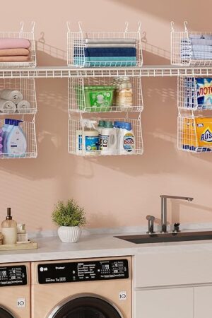 3-Tier Hanging Laundry Basket Organizer：Foldable Wire Shelf Laundry Room Organizer with 360°Rotating Hooks Small Space Solutions Closet Hanging Organizer - Laundry Organization, White Patent