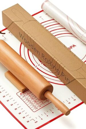 Classic Wood Rolling Pin - Wooden Rolling Pins for Baking Silicone Mat Set, Dough Roller with Wood Base, Fondant Roller for Pie Crust Cookies Pizza Dough and Bread, 17 Inch