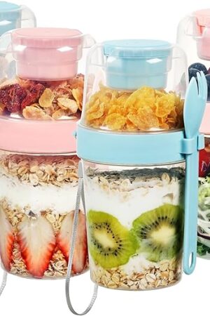 Vtopmart 4 Pack 27oz Yogurt Parfait Cups with Lids and Spoons, Overnight Oats Containers, Reusable Topping Compartment for Breakfast with Yogurt, Cereal or Oatmeal On-the-Go