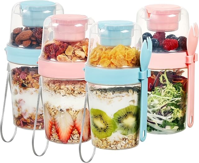 Vtopmart 4 Pack 27oz Yogurt Parfait Cups with Lids and Spoons, Overnight Oats Containers, Reusable Topping Compartment for Breakfast with Yogurt, Cereal or Oatmeal On-the-Go