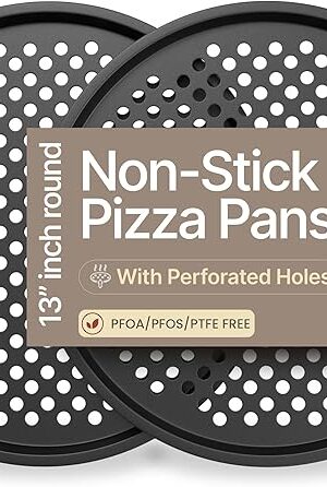 Bakken- Swiss Non-Stick Pizza Pan with Holes - 13-Inch Perforated Pizza Crisper Carbon Steel Pizza Pan - 2 Round Pizza Trays - PFOA PFOS and PTFE Free