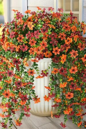 Artificial Fall Fake Flowers for Outdoor Fall Decoration,2 Pcs Faux Hanging Flowers Outdoor Fall Decor,UV Resistant Look Real Faux Mums Silk Flower for Outside Home Porch Patio Yard Balcony Planter