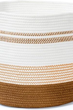 Blanket Basket 100% Cotton Rope Woven Baskets for Storage 22"x14" 90L XXX-Large Laundry Basket with Soft Handle Rope Basket for Living Room, Toy, Pillow & Clothes - Brown & White