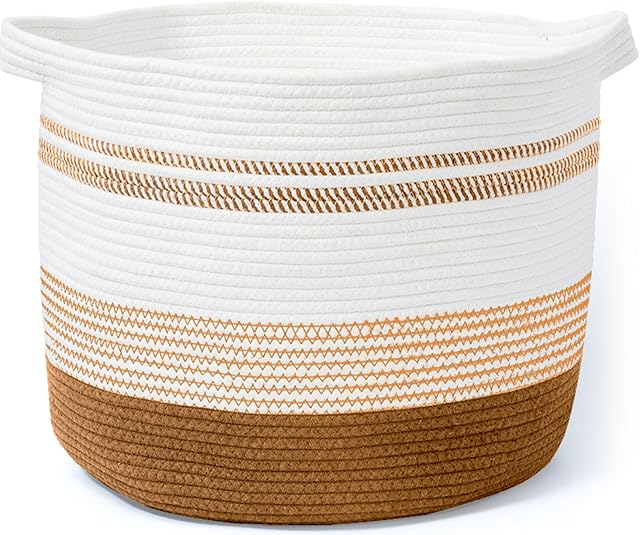 Blanket Basket 100% Cotton Rope Woven Baskets for Storage 22"x14" 90L XXX-Large Laundry Basket with Soft Handle Rope Basket for Living Room, Toy, Pillow & Clothes - Brown & White