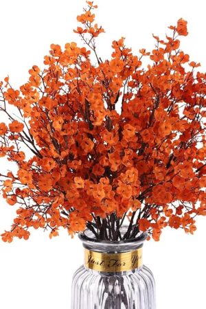 8Pcs Babys Breath Artificial Fake Fall Flowers, Real Touch Orange Plants Silk Flowers for Vase Home Office Wedding Indoor Outdoor Centerpiece Table Party Autumn Christmas Decorations