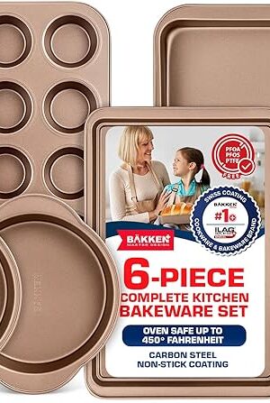 BAKKEN 6-Piece Kitchen Baking Pan Set - Commercial Grade Carbon Steel Bakeware, With Nonstick Coating, Stackable and Space-saving Design, PFOA, PFOS, PTFE Free, Oven Safe Tray (Up To 450°F), Brown