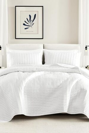 Comfort Spaces Kienna Quilt Set- Double Sided Stitching Design Summer Blanket, Lightweight, Soft, All Season Bedding Layer, Matching Sham, White, Coverlet Full/Queen(90"x90") 3 Piece