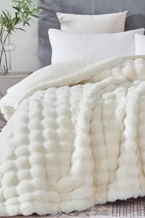 50x60 Inches Faux Fur Throw Blanket Sherpa Bubble Ivory White