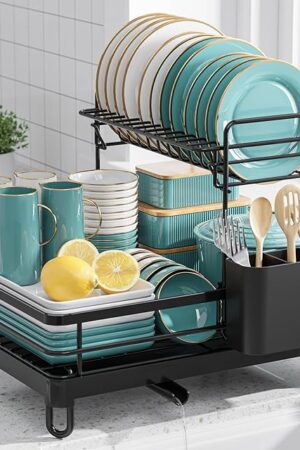 Dish Drying Rack - X-Large Stainless Steel Dish Rack for Kitchen Counter, 2-Tier Kitchen Organizers and Storage for Dishes, Bowls, Cutlery, Black