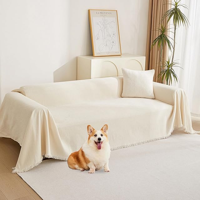 MYSKY HOME Couch Cover for Pets, Beige Couch Covers for 2 Cushion Couch Sofa, Sofa Slipcover Sectional L Shape Chenille Covers for Pets, Throw Couch for Dogs, Kids,71" X118"