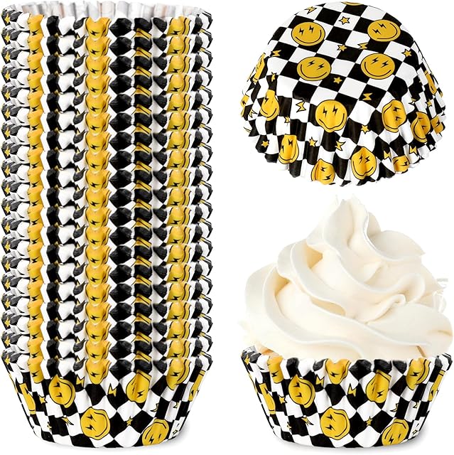 Whaline 300Pcs One Happy Dude Cupcake Liner Checkered Smile Face Lightning Baking Cup Paper Muffin Liner Cake Cup Container for Birthday Party Craft, 2x1.2 Inch