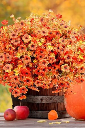 Artificial Fall Flowers Faux mums for Outdoor Indoor Garden Home Decoration, Faux Flower Daisy with Eucalyptus Leaves Fake Mums Plants Greenery Boxwood Porch Patio, 16 Bundles (Artificial Mums)