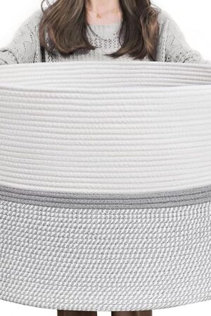 CHICVITA XXL Extra Large Cotton Rope Woven Basket, Throw Blanket Storage Basket with Handles, Decorative Clothes Hamper,22" x 22" x 14"