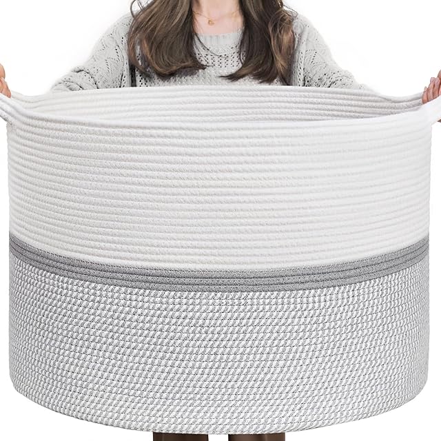 CHICVITA XXL Extra Large Cotton Rope Woven Basket, Throw Blanket Storage Basket with Handles, Decorative Clothes Hamper,22" x 22" x 14"