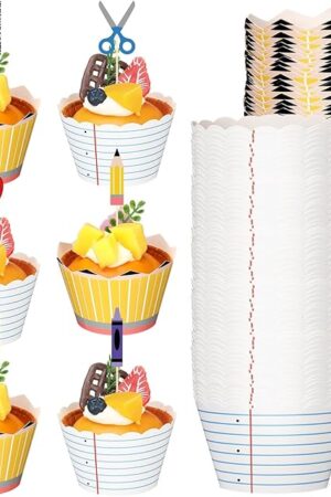 Vesici 72pcs Back to School Cupcake Wrappers and Topper First Day of School Paper Cupcake Liners Pencil Ruler Crayon Notebook Cake Picks for Teacher Welcome Ceremony Party Decoration