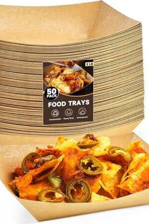 3 Lb Paper Food Trays - 50 Pack Disposable Nacho Trays, Kraft Paper Food Boats Taco Holders Party Serving Baskets for Hot Dogs Snacks Tacos Fries
