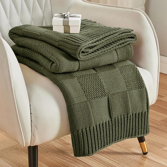 CozeCube Check Knit Throw Blanket, Olive Green Checkered Throw for Couch, Decorative Christmas Soft Cozy Warm Knitted Blanket for Bed Sofa Living Room, 50"X60"