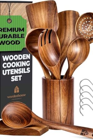 8 Pcs Teak Wooden Utensil Set with Holder, Spoon Rest & 6 Hooks - Durable Wooden Spoons for Cooking with Comfort Grip - Effortless Clean, Non-Stick Friendly