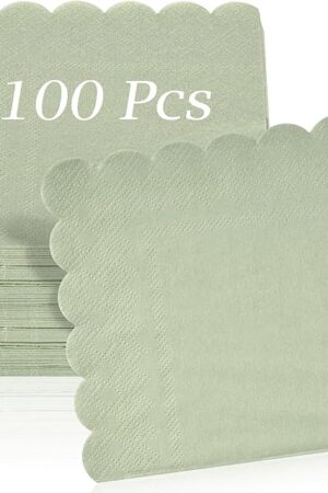 100 Pcs Cocktail Napkins, 2-Ply 5 x 5 Inches Disposable Scalloped Napkins, Thick Premium Dessert Napkins for Party, Wedding, Dinner, Birthday, Anniversary, Festival (Sage Green)