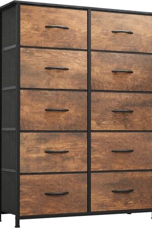 YITAHOME 10 Drawer Dresser - Fabric Storage Tower, Organizer Unit for Bedroom, Living Room, Hallway, Closets - Sturdy Steel Frame, Wooden Top & Easy Pull Fabric Bins (Cool Gray)