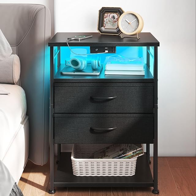 AODK 4 Tier Night Stand End Table, Tall Nightstand Small Nightstand Storage Bedside Table Black