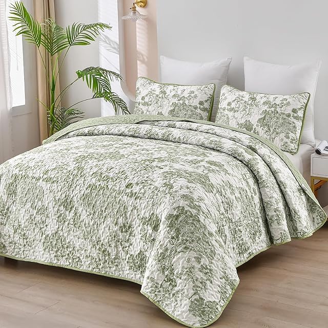 WONGS BEDDING Quilt Set King Sage Green 3 Pieces Toile Floral Plants Microfiber