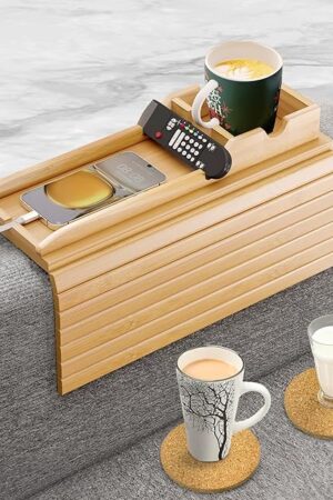 Bamboo Couch Cup Holder Tray with 2 Cork Coasters, Caddy, Anti-Slip Foldable Armrest Sofa Tray, Anti-Spill Holder for Remote, Snacks, Cellphone - Ideal Gift