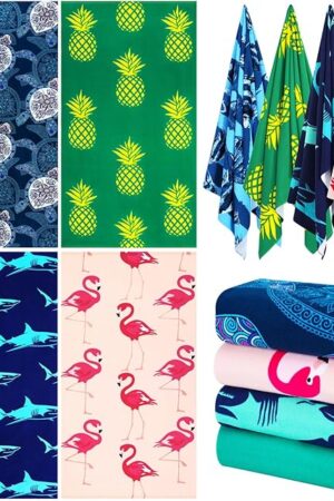 4 Packs Oversized Thin Beach Towel Set, XL Extra Large Big 36 x 72 in Clearance Swim Travel Towels Soft Blanket for Adult Women Men Lounge Chair Cover Accessories Essentials Blue Shark Pink Flamingos