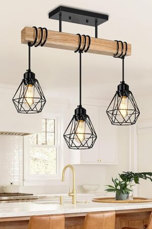 3-Lights Farmhouse Dining Room Pendant Light Fixtures Over Table, Rustic Solid Wood Kitchen Island Lighting Hanging with Metal Shades, Modern Black Ceiling Pendant Lamp for Living Room Hallway