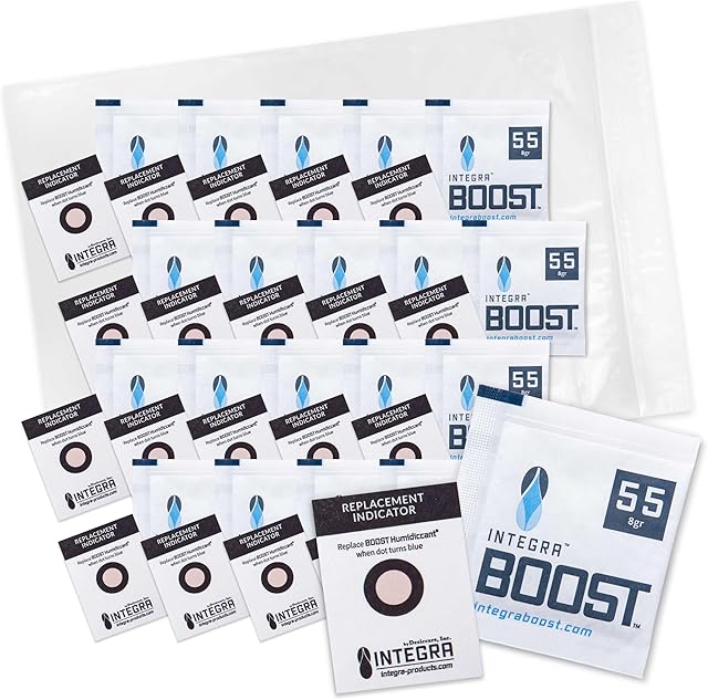 55% RH Level - 8 Gram Size - Two-Way Humidity Control Pack Incl. Replacement Indicator Cards - Food Storage & Herbs Preserver Moisture Balancer, Protects 1 OZ (Pack of 20)