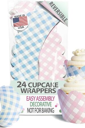 Cupcake Wrappers - Pink Gingham Wedding, Something Blue Bridal, Baby Shower Decoration, Pastel Plaid Gender Reveal, Country Cowgirl Princess Birthday Party Reversible Dessert Wraps I Do BBQ (24 Count)