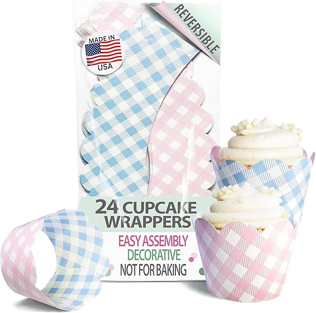 Cupcake Wrappers - Pink Gingham Wedding, Something Blue Bridal, Baby Shower Decoration, Pastel Plaid Gender Reveal, Country Cowgirl Princess Birthday Party Reversible Dessert Wraps I Do BBQ (24 Count)