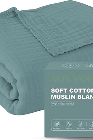 Cosy Family 4 Layer Muslin Bed Blanket - Breathable and Lightweight Gauze Boho Blanket for Spring, Soft 100% Cotton Muslin Blanket, Green, 55x80 Inches