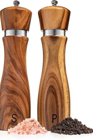 Wooden Salt and Pepper Grinder Set: Refillable Salt & Pepper Mills Adjust for Customized Coarseness, Crafted of Solid Acacia Wood with Ceramic/Stainless Steel Core, 8 Inches Each