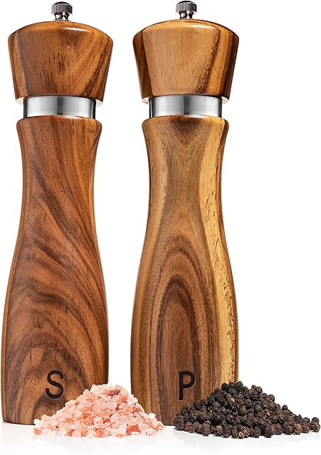 Wooden Salt and Pepper Grinder Set: Refillable Salt & Pepper Mills Adjust for Customized Coarseness, Crafted of Solid Acacia Wood with Ceramic/Stainless Steel Core, 8 Inches Each
