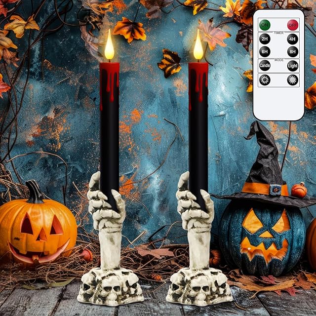 Eldnacele Halloween Flameless Taper Candle Lights Battery Operated with Remote and Timer, 2 Pack Skeleton Hand Holders Black Dripping Wax Effect LED Flickering Candles Home Decor(3? x 12?)