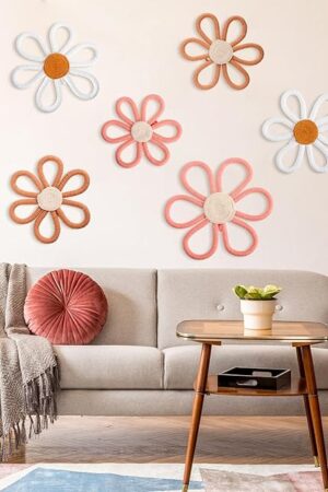 Barydat 6 Pcs Boho Nursery Decor Daisy Flower Woven Macrame Wall Hanging 3 Size Daisy Flower Wall Decor Bohemian Nursery Decorations for Home Dorm Art(Pink, Brown, White)