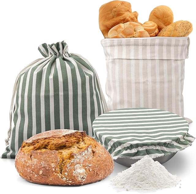 Beautiful Linen Bread Bag Set and Proofing Cover For Homemade Sourdough Bread - Keeps Your Loaf Fresh for Days - Reusable and Easy to Clean Storage Bag, The Perfect Baking Accessories