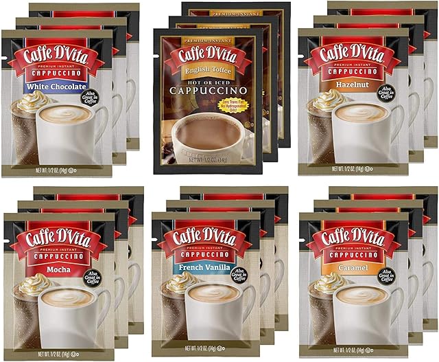 Caffe D'Vita Cappuccino Assortment (White Chocolate, English Toffee, Hazelnut, Mocha, French Vanilla, Caramel) - Instant Cappuccino Mix, Gluten Free - 0.5 oz each, 18 Packets, 6 of Each Flavor